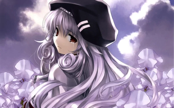 Anime wallpaper from Boku To Kanojo Ni Furu Yoru, featuring a girl with long, silver hair and a black hat, surrounded by delicate flowers against a cloudy backdrop.
