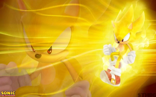 HD desktop wallpaper featuring Super Sonic from the video game Sonic the Hedgehog, depicted in his bright yellow, energized form with a dynamic yellow background.