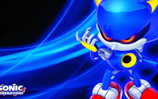 HD PC desktop wallpaper featuring Metal Sonic from the video game Sonic Generations, set against a dynamic blue background with glowing energy trails.
