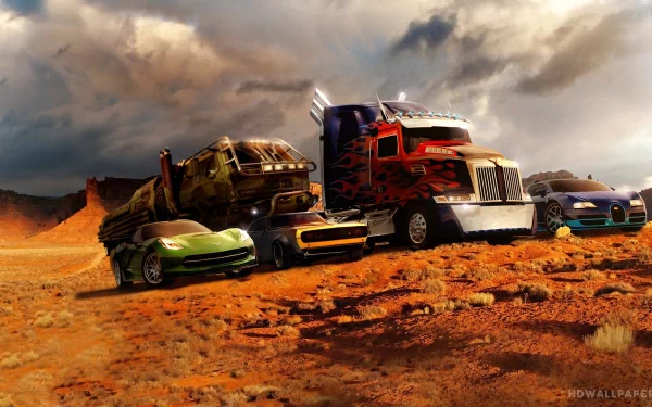 HD desktop wallpaper featuring Optimus Prime and Crosshairs from the movie Transformers: Age of Extinction, set in a desert landscape.