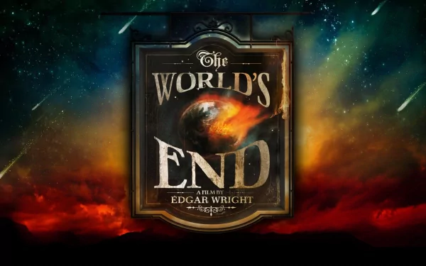 The World's End movie title plaque set against a fiery, starry sky and burning planet motif — 2K Quad HD PC desktop wallpaper and background