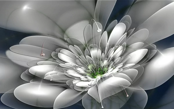 Abstract fractal artwork featuring a delicate flower composed of smooth, layered petals in shades of white and green, set against a dark background, creating an elegant HD desktop wallpaper.