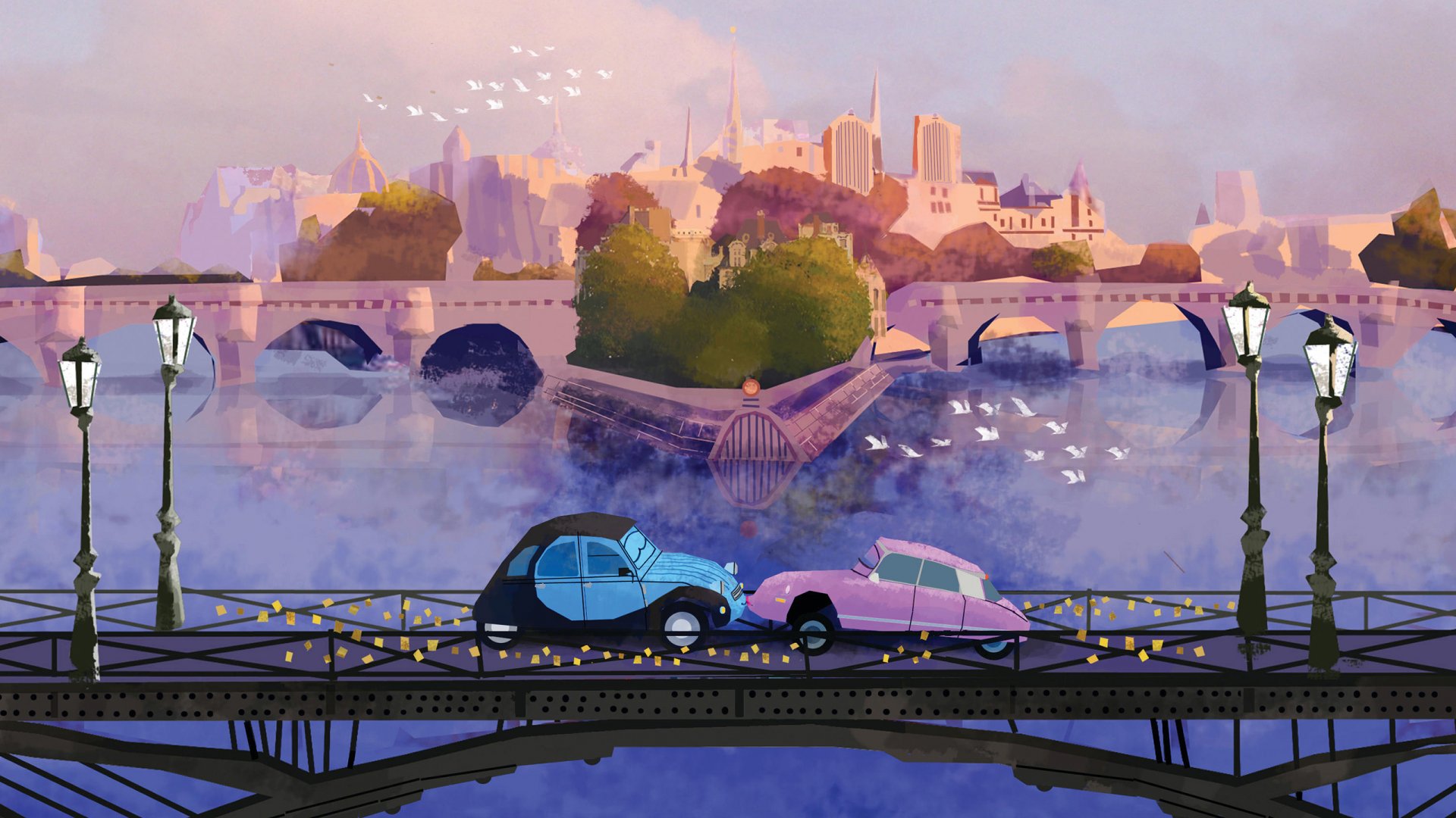 An artistic painting of two vintage cars on a bridge over a river in Paris, with a hazy cityscape in the background and soft lanterns illuminating the scene.