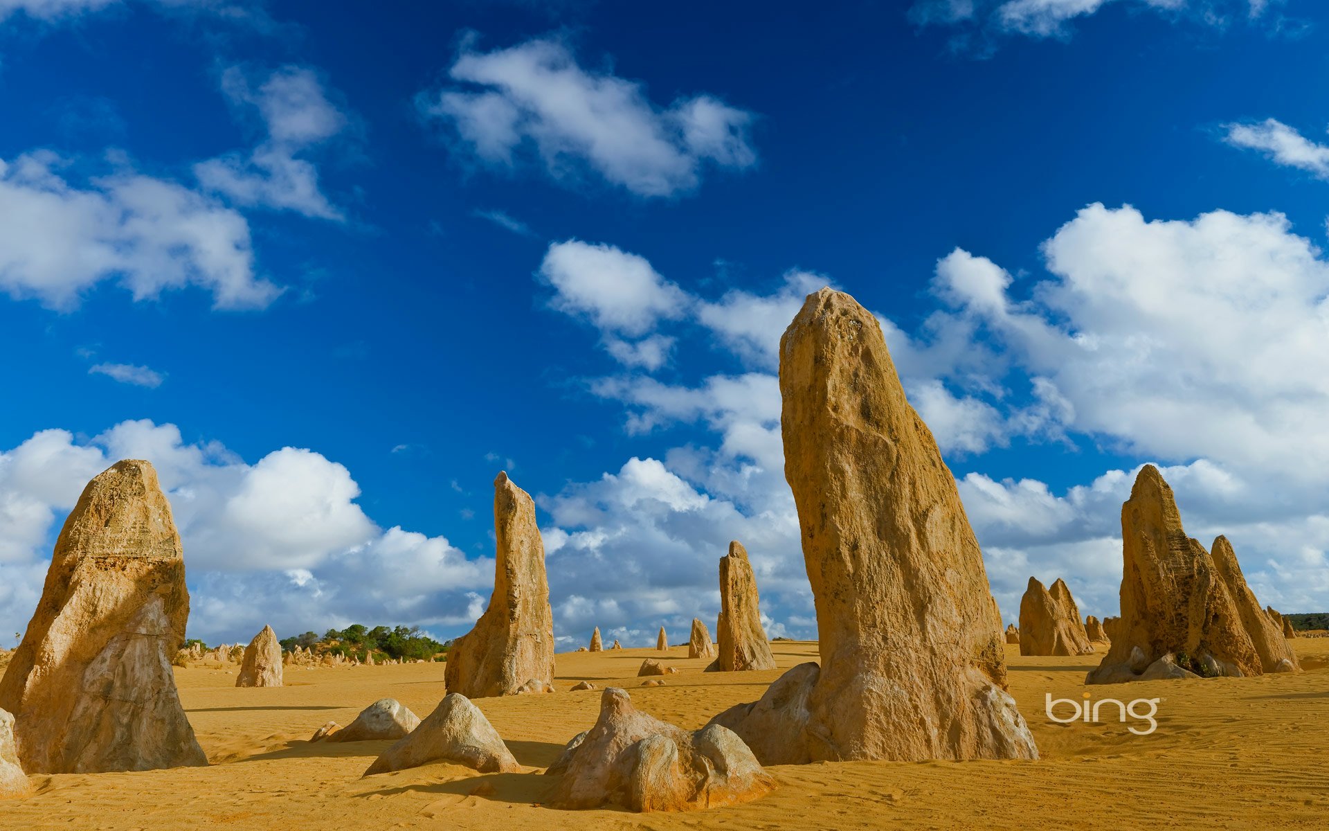 HD desktop wallpaper of limestone pinnacles rising from golden desert sands at Nambung National Park, Australia, under a vivid blue sky.