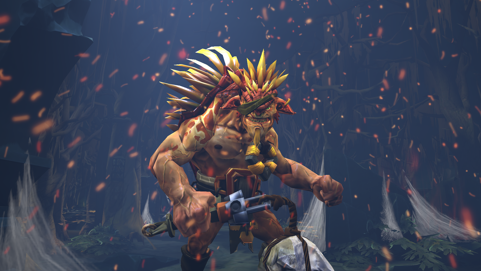 HD PC desktop wallpaper: a spiked, muscular DotA 2 hero grips an axe in an ember-lit forest, cinematic video game background.