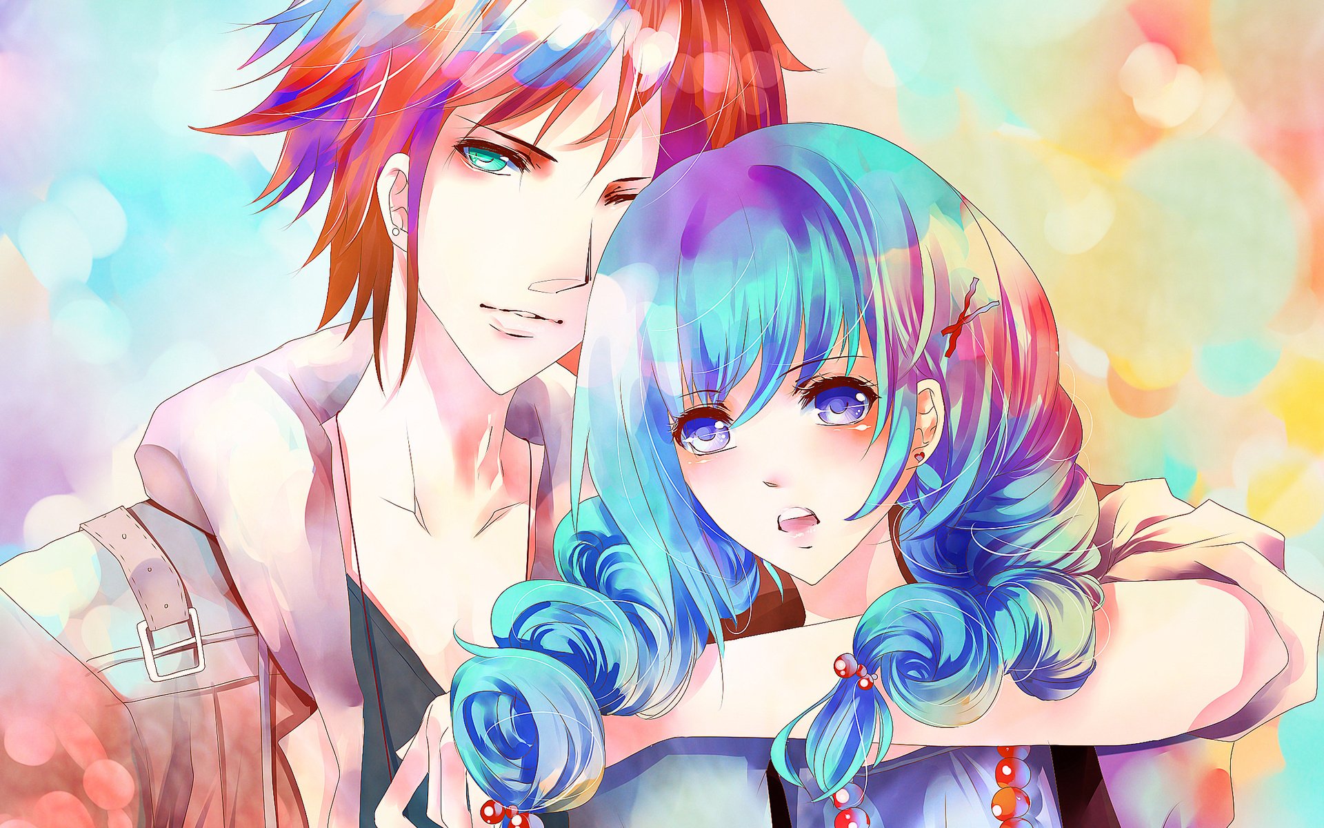 A vibrant anime HD desktop wallpaper featuring two original characters, a boy with spiky red hair and a girl with blue curls, set against a colorful, dreamy background.