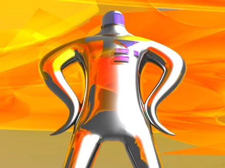 Shiny chrome Starmen/Starman from the video game EarthBound stands before an abstract orange sky — HD PC desktop wallpaper/background.