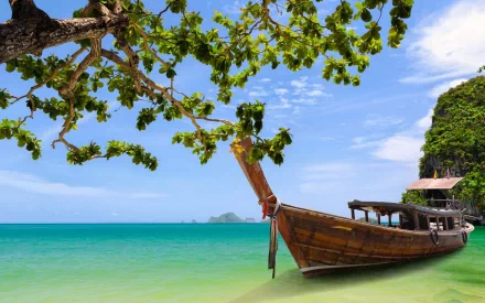 A scenic view of Phang Nga Bay, Krabi, Thailand, featuring a traditional wooden boat anchored by a lush tree along the turquoise water, creating a tranquil beach atmosphere.