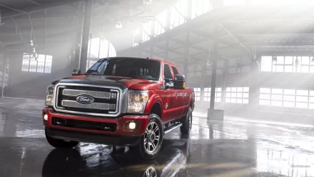 HD PC desktop wallpaper of a red Ford Super Duty Platinum pickup vehicle parked in a misty industrial warehouse, glossy floor reflecting the truck.