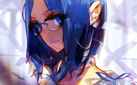 Anime character with blue hair and glasses, set against a light background. This original HD artwork makes for a vibrant and detailed desktop wallpaper.