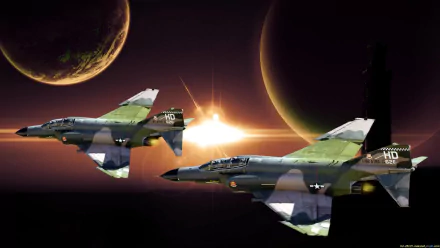 HD desktop wallpaper featuring two military jet fighters soaring in a fantasy backdrop of planets and a bright sun.