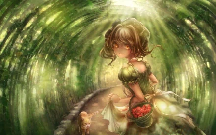 A whimsical anime scene features a girl in a green dress holding a basket, walking through a sunlit forest path with a small animal beside her. This HD wallpaper offers a magical backdrop.