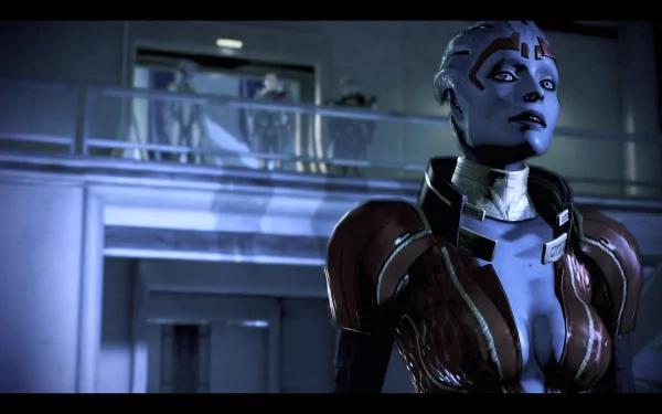 HD PC desktop wallpaper featuring Samara from the video game Mass Effect 3, showcasing her detailed armor and stoic expression in a futuristic setting.