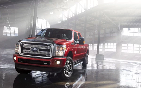 HD PC desktop wallpaper of a red Ford Super Duty Platinum pickup vehicle parked in a misty industrial warehouse, glossy floor reflecting the truck.