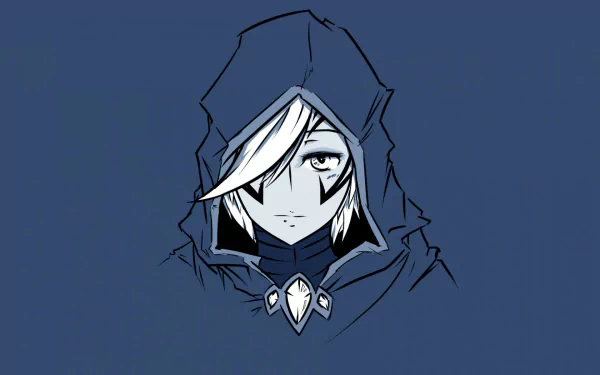 An HD desktop wallpaper featuring Drow Ranger from DotA 2, showcasing her iconic hooded look and striking gaze against a dark blue background.