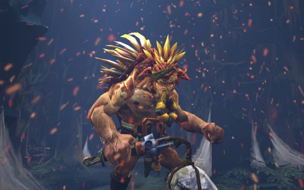 HD PC desktop wallpaper: a spiked, muscular DotA 2 hero grips an axe in an ember-lit forest, cinematic video game background.