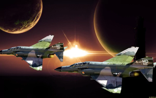 HD desktop wallpaper featuring two military jet fighters soaring in a fantasy backdrop of planets and a bright sun.
