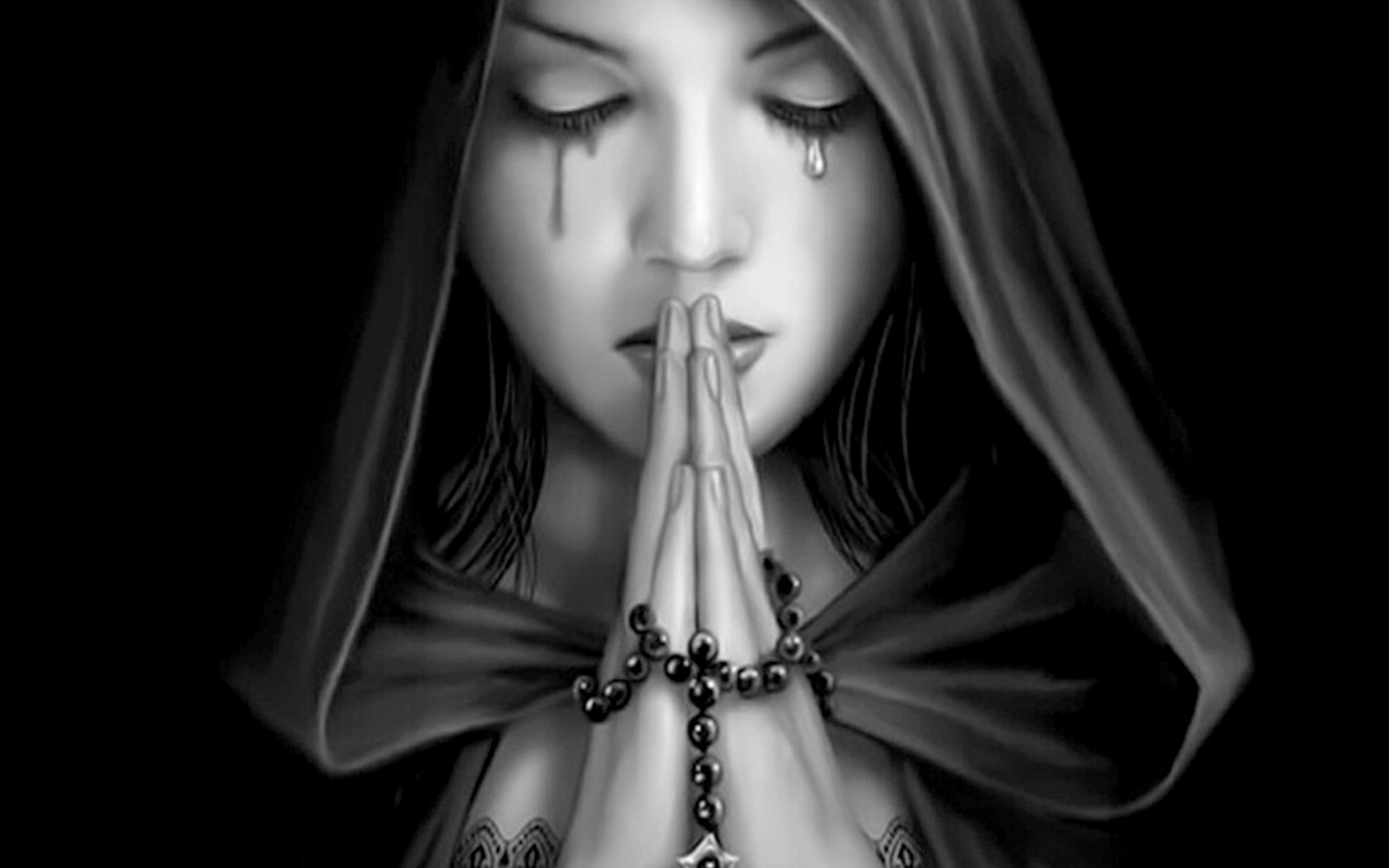 A captivating fantasy image of a woman in a dark hood, with tears and a rosary, creating a striking mood. This HD wallpaper serves as a compelling desktop background.