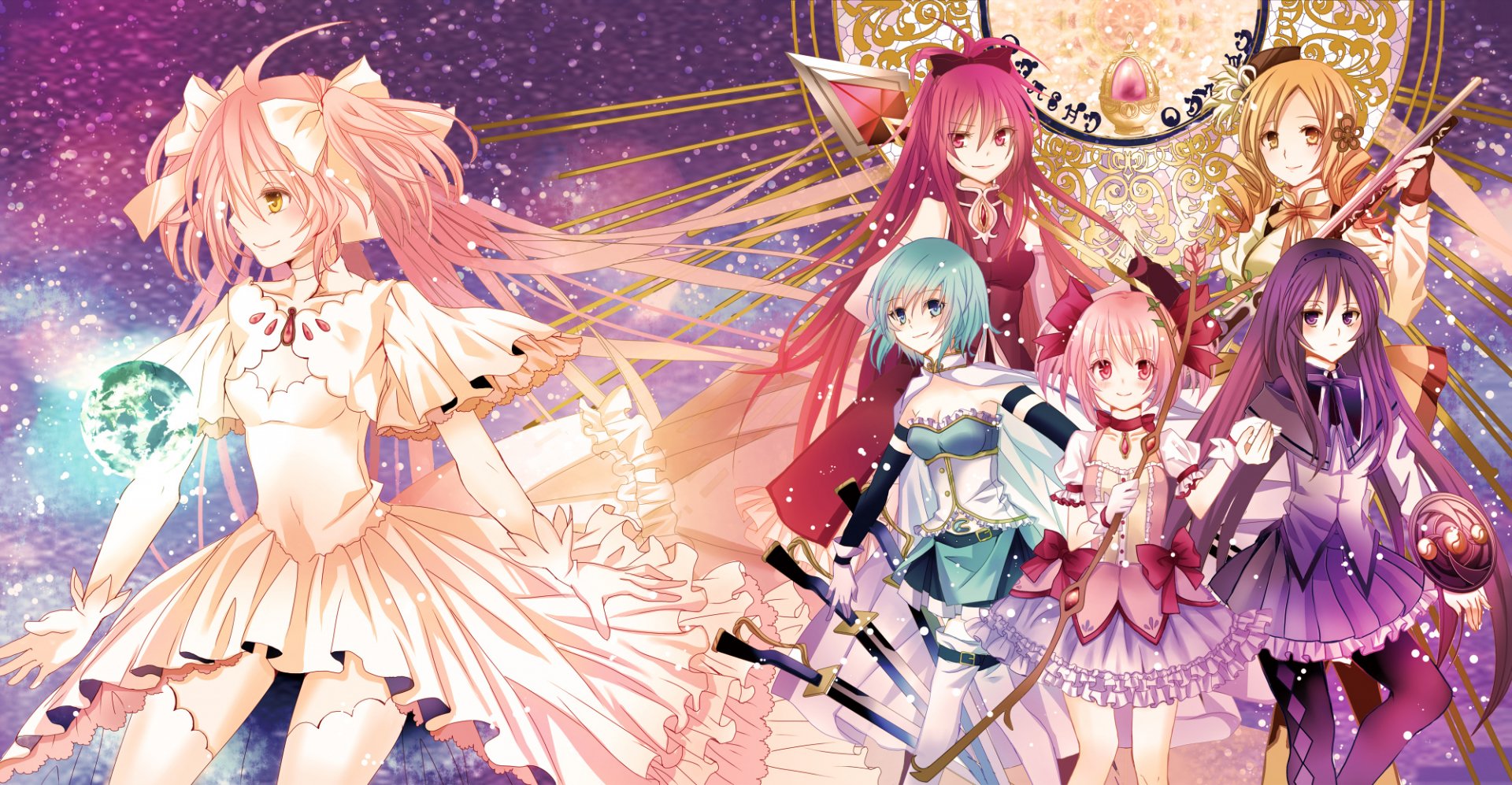 HD desktop wallpaper featuring Sayaka Miki, Mami Tomoe, Kyōko Sakura, Madoka Kaname, and Homura Akemi from the anime Puella Magi Madoka Magica in vibrant colors.