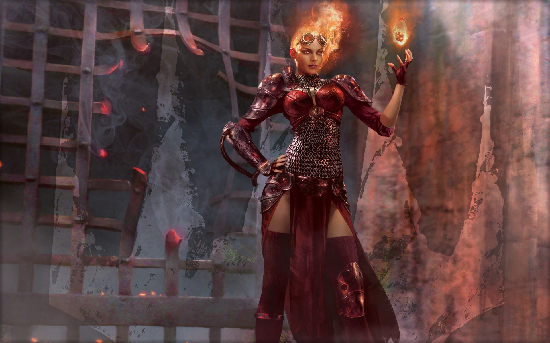 A dynamic HD wallpaper featuring a powerful character from Magic: The Gathering, radiating energy with fiery elements in an enchanting, mystical setting.