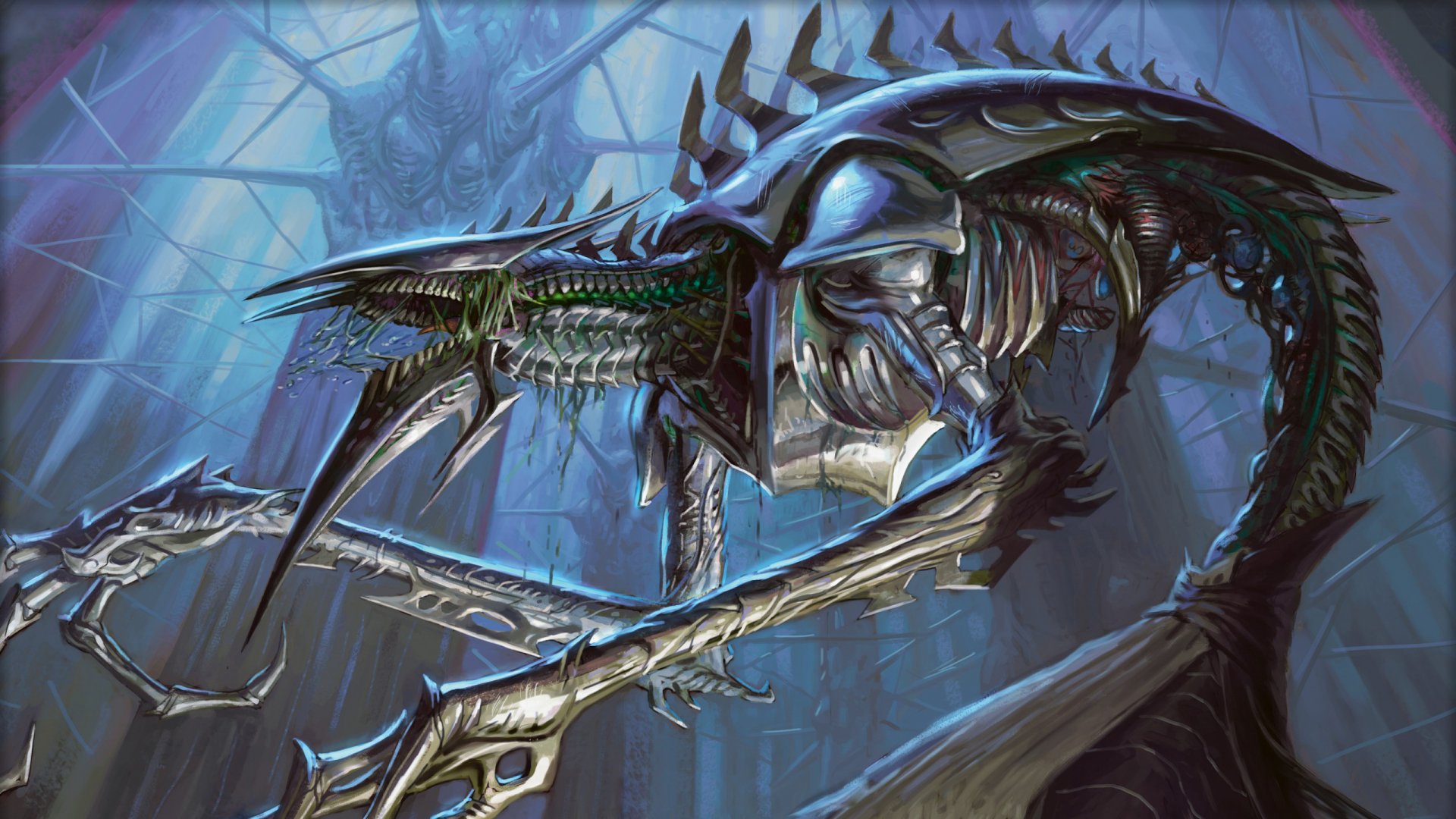 HD desktop wallpaper featuring a detailed, man-made creature from Magic: The Gathering with metallic and biomechanical elements in a dark, mystical setting.