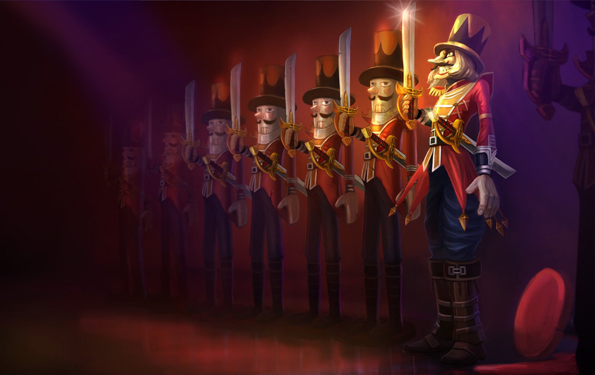 HD PC desktop wallpaper and background of Shaco from the video game League of Legends — a sinister toy-soldier jester in red-and-gold reflected as a row of wooden dolls on a dark purple backdrop.