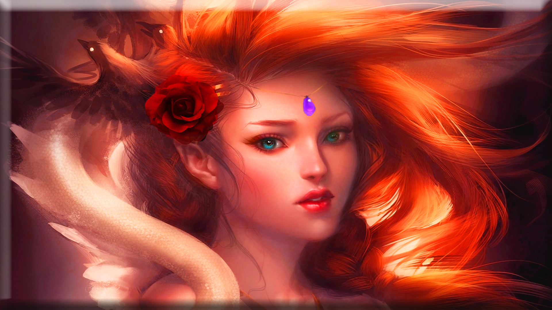 Fantasy-themed HD PC desktop wallpaper featuring a woman with flowing red hair, a glowing jewel on her forehead, and a bird entwined around her.
