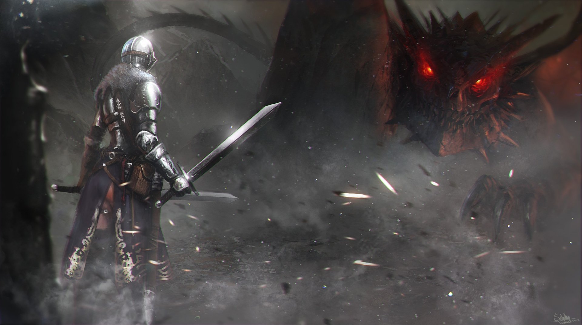 A dark and atmospheric HD desktop wallpaper featuring a knight facing off against a menacing dragon, inspired by the video game Dark Souls II.