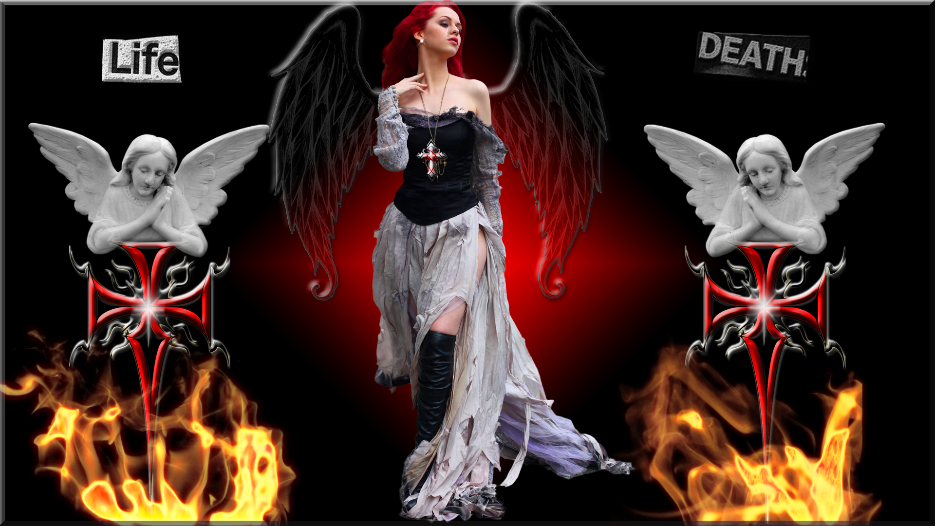 A dramatic HD wallpaper featuring a gothic figure adorned with dark wings, flanked by angelic sculptures and flames, embodying themes of life and death in a fantasy setting.