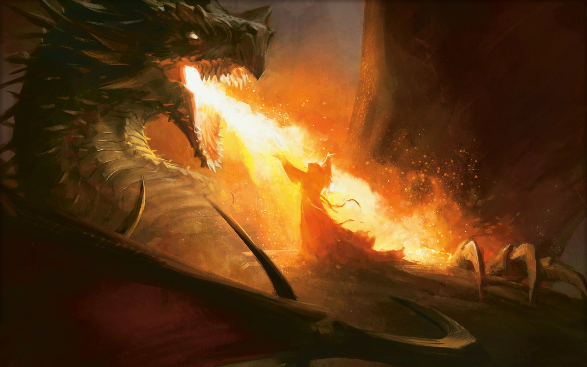 HD fantasy wallpaper depicting a fiery battle between a mage and a dragon, inspired by Magic: The Gathering artwork.