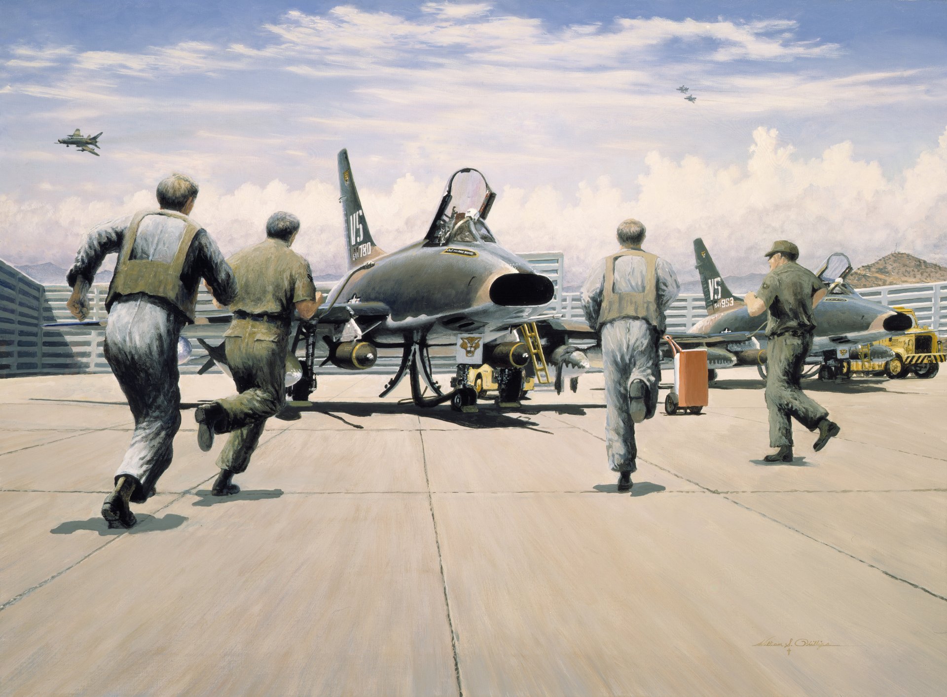 Military personnel run toward a North American F-100 Super Sabre on a sunlit airbase runway, captured in a detailed 4K Ultra HD desktop wallpaper.