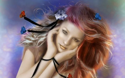 A woman with flowing hair adorned with colorful butterflies and flowers, captured in an artistic style, serves as a vibrant HD desktop wallpaper and background.