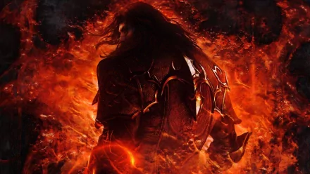 HD PC desktop wallpaper featuring a dark, fiery scene from the video game Castlevania: Lords of Shadow 2 with a shadowed character amidst flames.