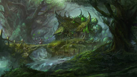 A mystical forest scene featuring a green witch's cottage surrounded by trees, with a wizard nearby and a gentle stream flowing, creating an enchanting fantasy atmosphere.