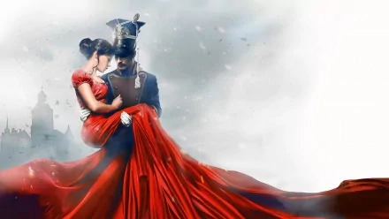 HD PC desktop wallpaper featuring a dramatic scene from the movie 1812 Ballad of the Uhlans with a soldier carrying a woman in a flowing red dress.