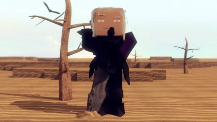 HD Minecraft video game wallpaper featuring a mysterious cloaked figure carrying a large block in a barren, pixelated desert landscape.