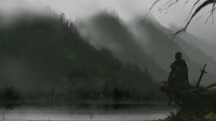 HD wallpaper of a fantasy landscape featuring a knight gazing across a foggy, mysterious lake surrounded by lush, shadowy hills.