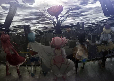 HD desktop wallpaper featuring characters Sayaka Miki, Mami Tomoe, Kyōko Sakura, Madoka Kaname, and Homura Akemi from the anime Puella Magi Madoka Magica, set against a backdrop of a stormy sky and ruined landscape.