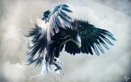 HD desktop wallpaper featuring an artistic depiction of a majestic eagle in flight with dramatic brush strokes and cool-toned colors.