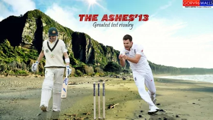 HD wallpaper showcasing a cricket rivalry between a batsman from Australia and a bowler from England, set against a stunning coastal backdrop, highlighting The Ashes 2013 series. Text: The Ashes '13 Greatest test rivalry.