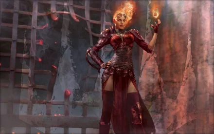 A dynamic HD wallpaper featuring a powerful character from Magic: The Gathering, radiating energy with fiery elements in an enchanting, mystical setting.