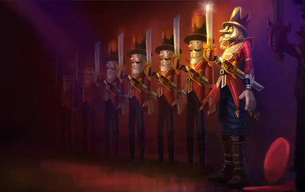 HD PC desktop wallpaper and background of Shaco from the video game League of Legends — a sinister toy-soldier jester in red-and-gold reflected as a row of wooden dolls on a dark purple backdrop.