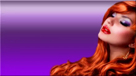 HD desktop wallpaper featuring a glamorous redhead woman model with striking makeup, set against a soft purple background.