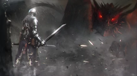A dark and atmospheric HD desktop wallpaper featuring a knight facing off against a menacing dragon, inspired by the video game Dark Souls II.