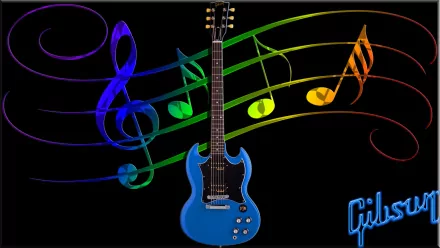 A vibrant HD wallpaper featuring a blue Gibson guitar surrounded by colorful musical notes on a black background, capturing the essence of music and creativity.