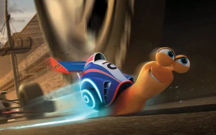 HD desktop wallpaper featuring the animated character Turbo, the racing snail with speed trails, against a blurred background.