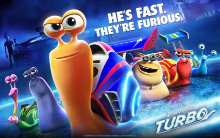 HD wallpaper featuring characters from the animated movie Turbo, with the tagline He's fast. They're furious. against a dynamic, colorful backdrop.