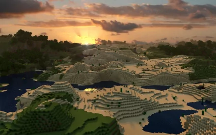 HD desktop wallpaper depicting a sunset over a sandy landscape in the video game Minecraft, with clouds and blocky terrain illuminated by the setting sun.