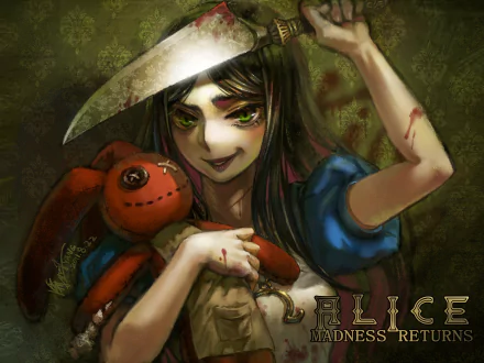 HD PC desktop wallpaper from the video game Alice: Madness Returns, featuring dark, eerie artwork of Alice holding a large knife and a stitched red doll.