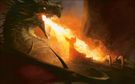 HD fantasy wallpaper depicting a fiery battle between a mage and a dragon, inspired by Magic: The Gathering artwork.